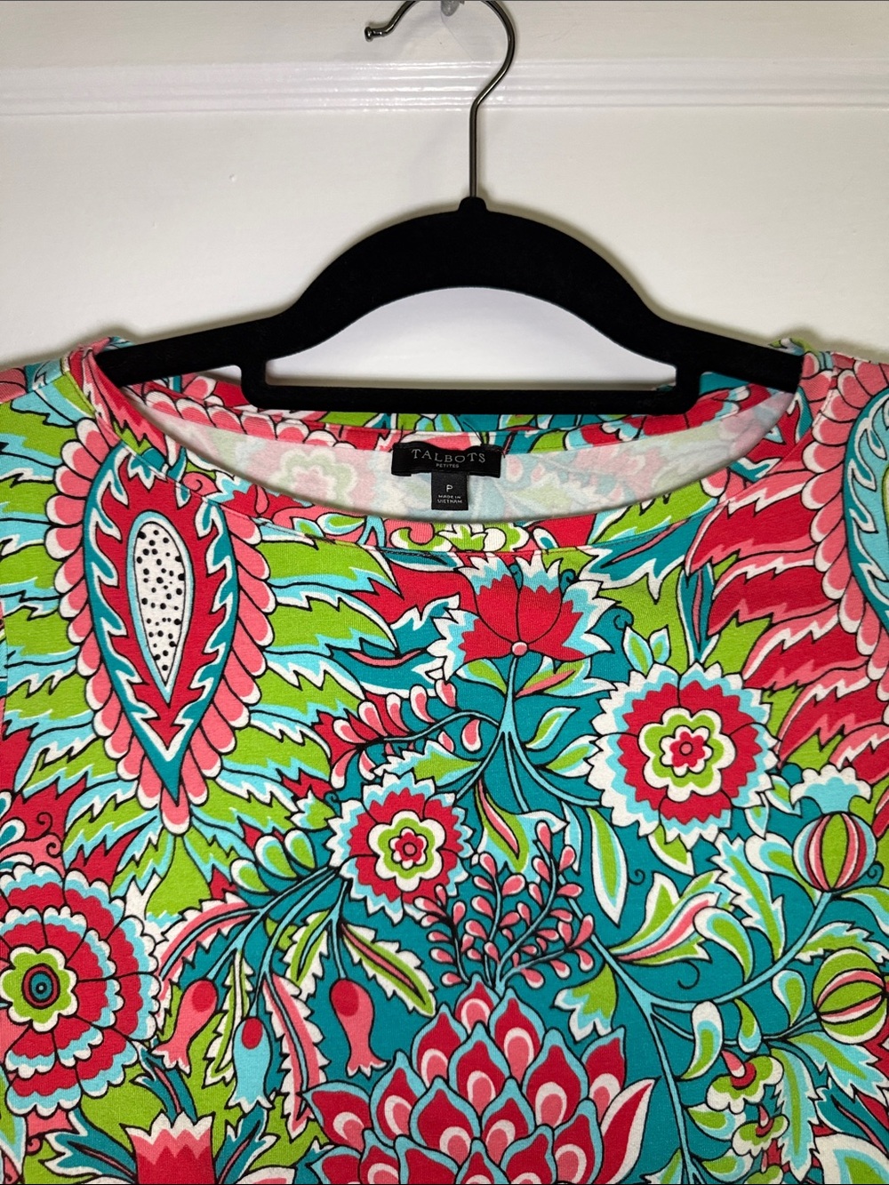Talbots Vibrant Coral & Teal Floral Paisley Scoop-Neck‎ Top Size Petite - Picture 6 of 7